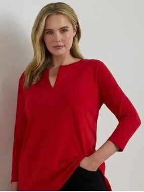 Ralph Lauren Women's Split-Neck Three-Quarter Sleeve Cotton Tunic Sz 3x